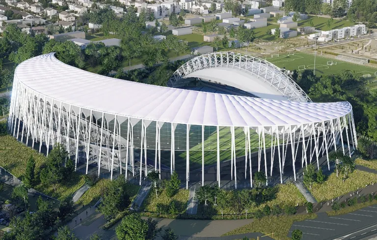 Tribune de stade couverte par une structure en toile tendue
